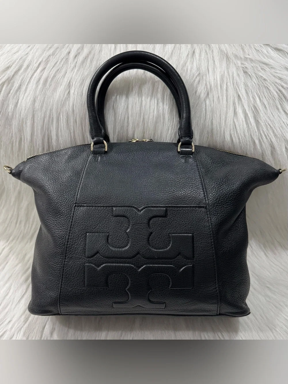 Tory Burch Bombe T Slouchy Satchel Soft Pebbled Leather Black VGUC
